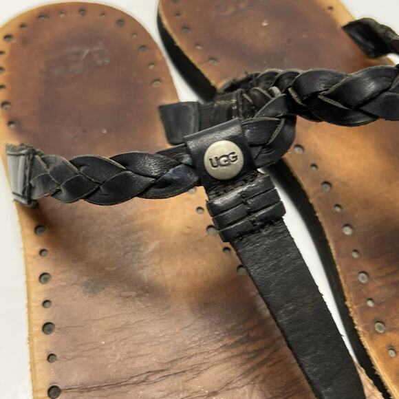 UGG Australia Bria Black Tan Braided Leather Flip Flop Sandals Women’s 7 Basic - Picture 3 of 9